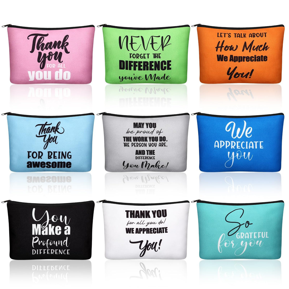 Bulk Thank You Cosmetic Makeup Bags Set for Appreciation Gifts - 9 Pieces