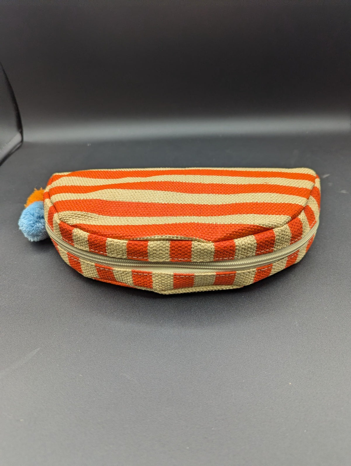 Luxury Cosmetic Bag with Pom Pom Orange Stripe Travel Makeup Purse