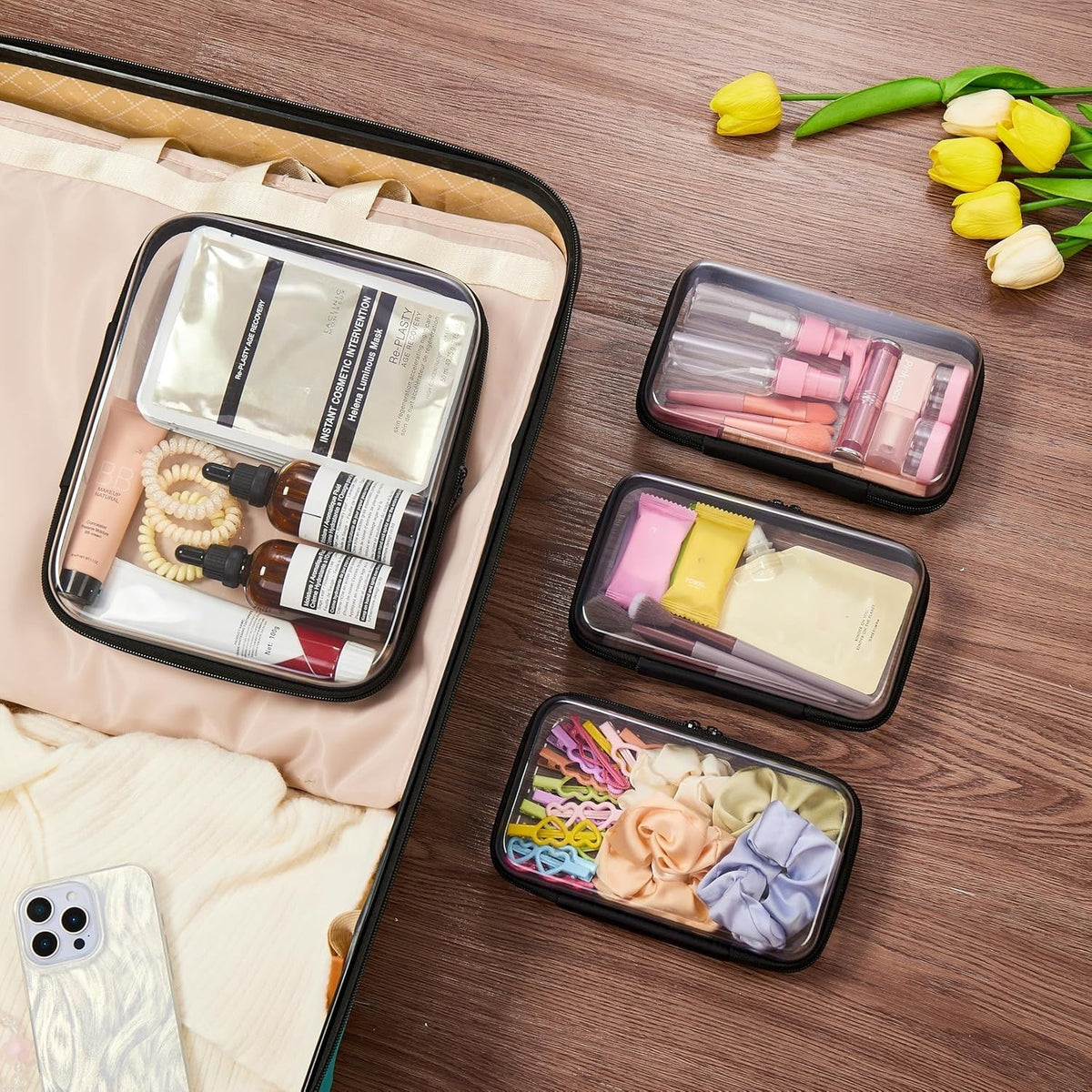Set of 4 Clear Hard Shell Travel & Storage Pouches - Organizer Bags