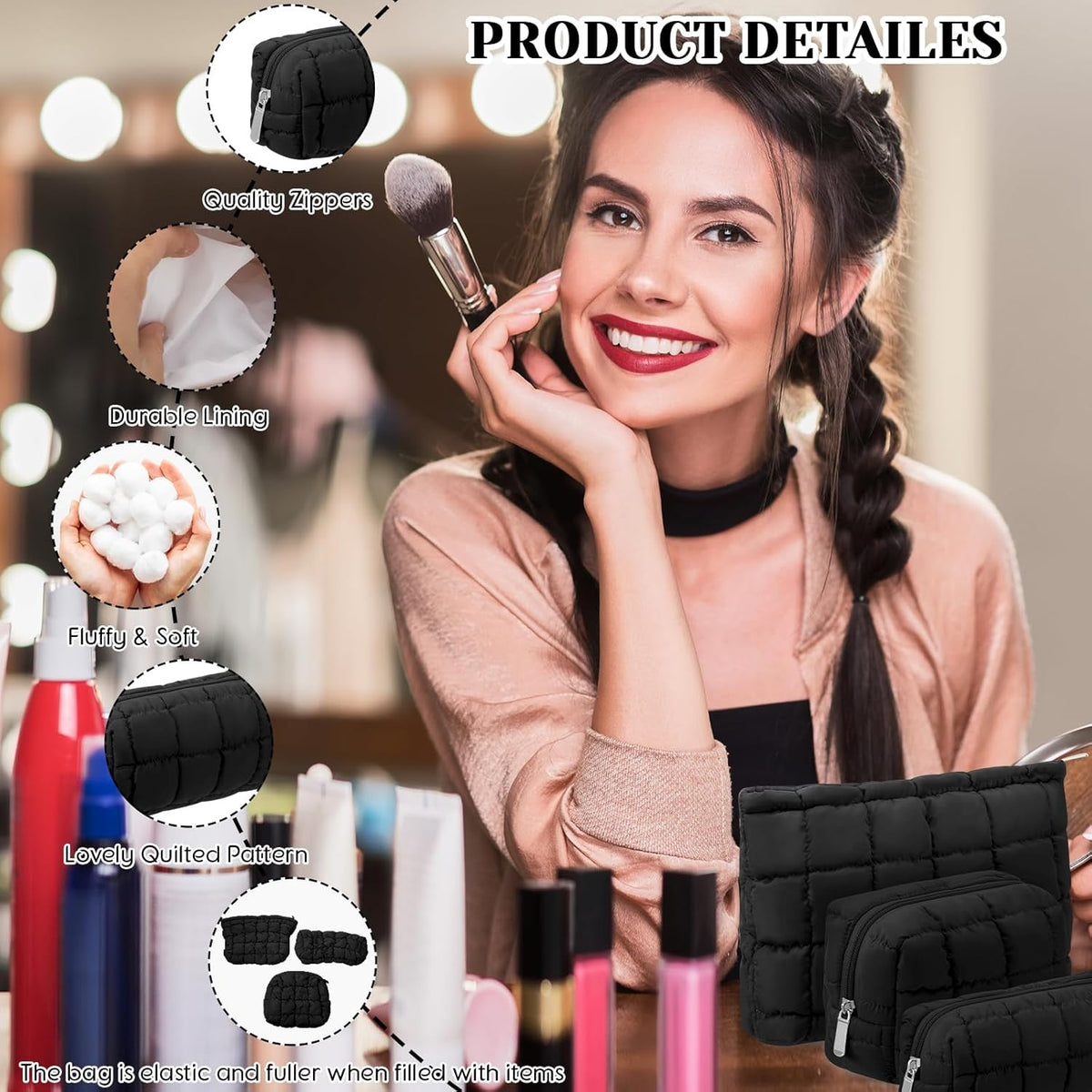 3 Pack Quilted Makeup Bags for Women - Travel Cosmetic Pouch Set