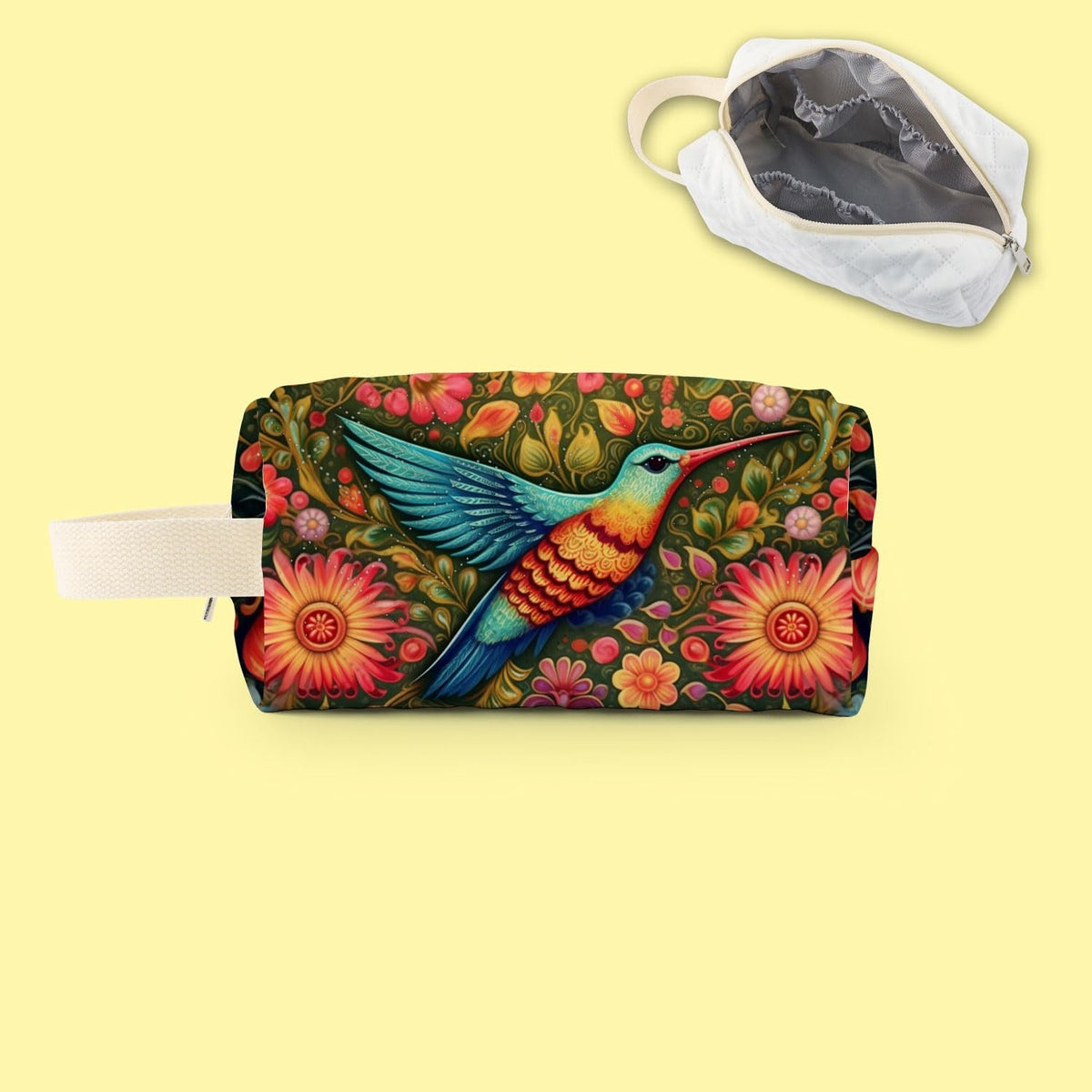 Velvety Quilted Makeup Pouch with Hummingbird Print for Travel and Organization