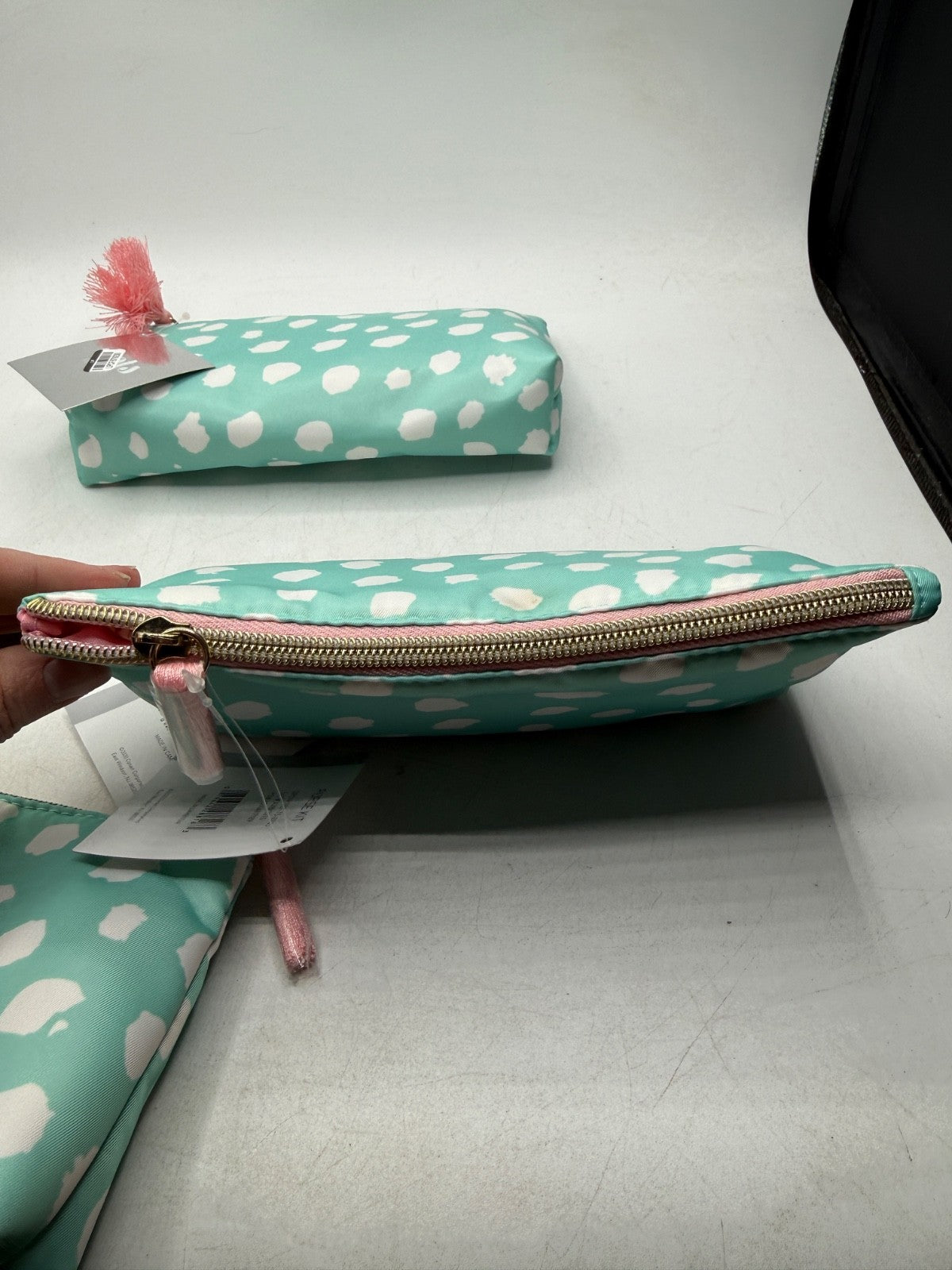 Conair Purse Kit Zippered Cosmetic Bags - Set of 3 Turquoise White Pink Dots