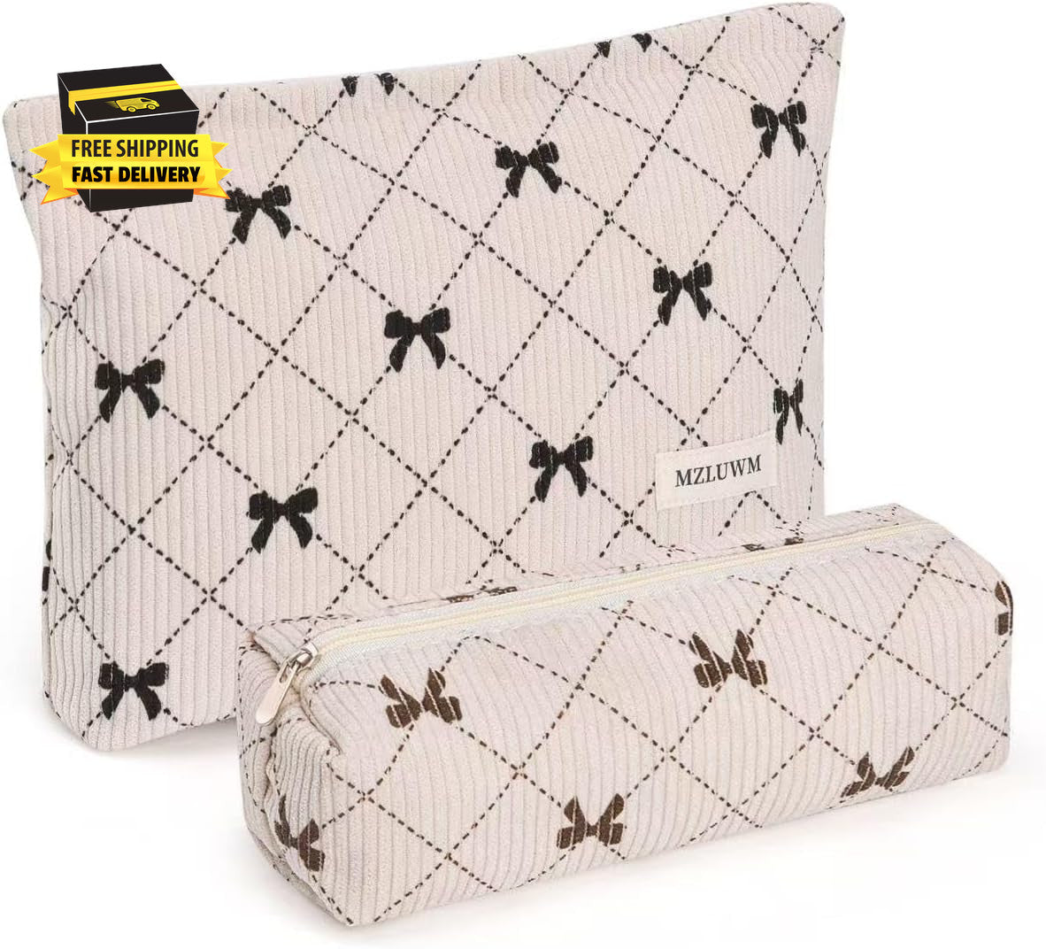Large Capacity Corduroy Makeup Bag Set with Brush Storage for Travel & Daily Use