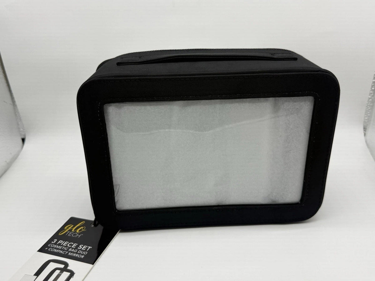 Travel Cosmetic Bag Set with Compact Mirror - Black 3-Piece Organizer