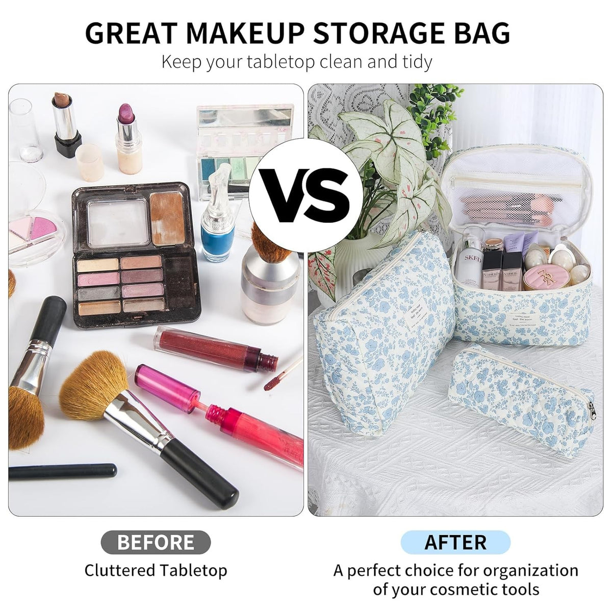 Large Floral Makeup Bag Set - Cotton Quilted Cosmetic Pouches for Women