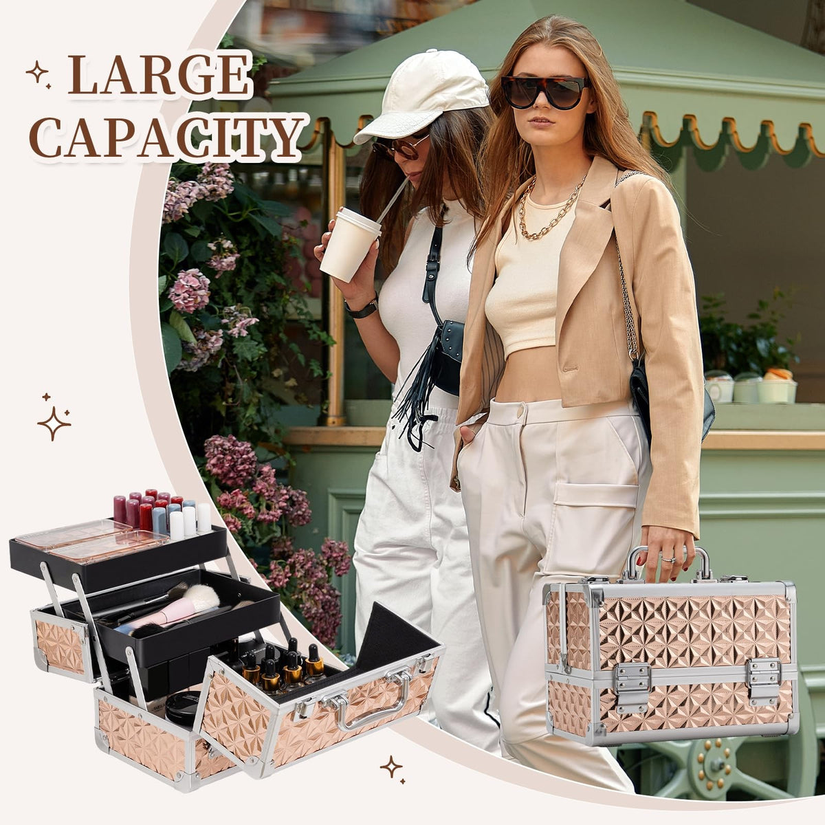 Lighted Makeup Train Case with Mirror Rose Gold Portable Organizer