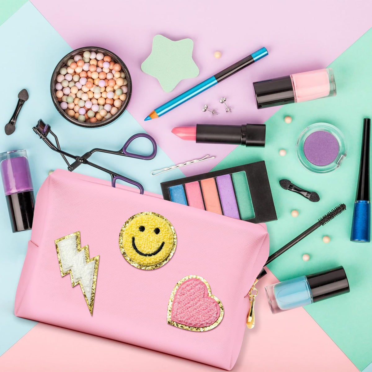 Preppy Patch Waterproof Makeup Bag - PU Leather Portable Toiletry Organizer