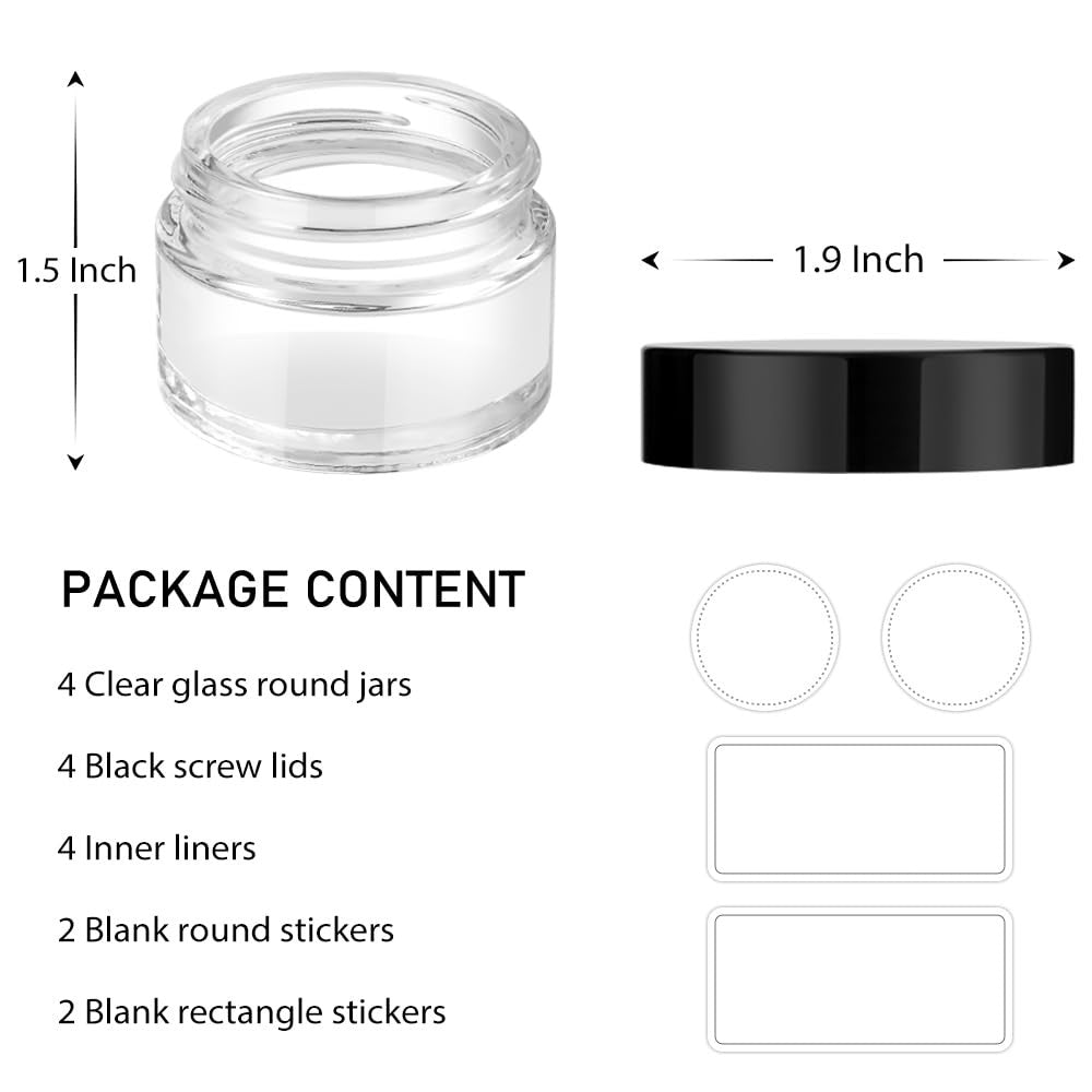 4 Pack 1oz Small Reusable Glass Jars with Airtight Lids for Cosmetics & DIY