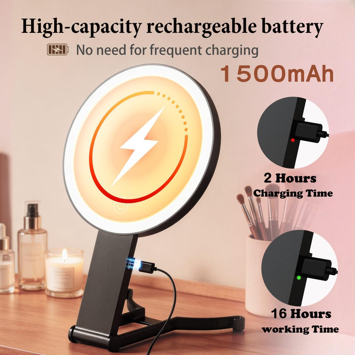 Double Sided Makeup Mirror with 40X Magnification and 3 Color LED Lights - Portable Handheld Mirror