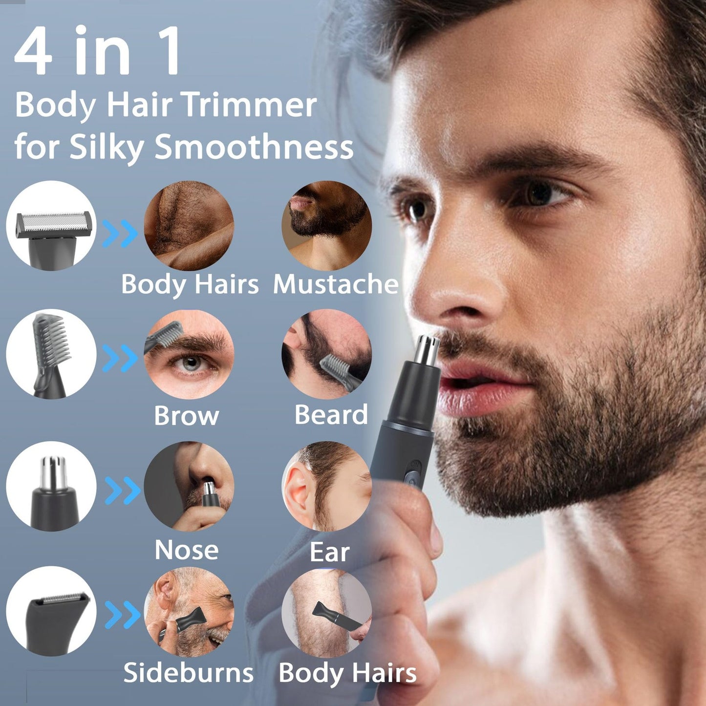 Men's 4-in-1 Body Hair Trimmer with 4 Heads, USB-C Fast Charging