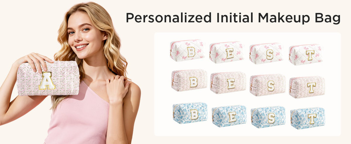 Personalized Makeup Bag for Women - Quilted Travel Cosmetic Organizer