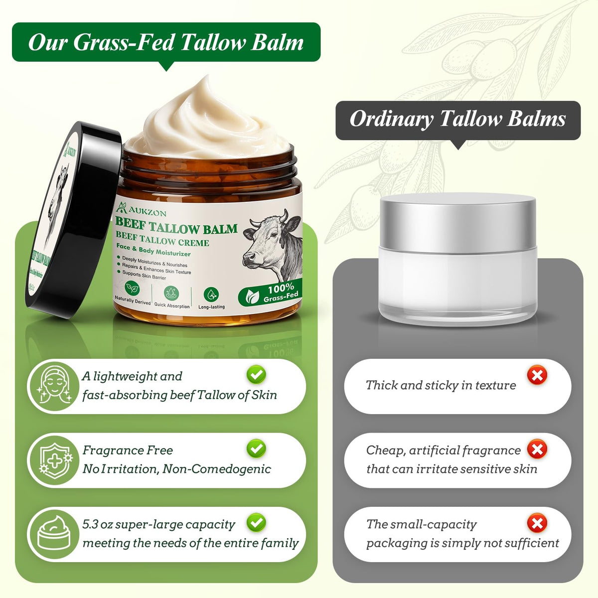 AUKZON Beef Tallow for Skin - 100% Grass-Fed 5.3 Ounce (Pack of 1)