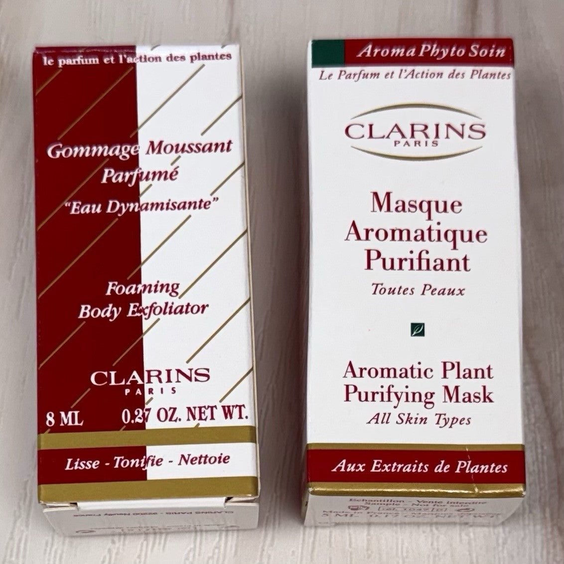 2pc Lot CLARINS Travel/Sample Size Foaming Body Exfoliator & Aromatic