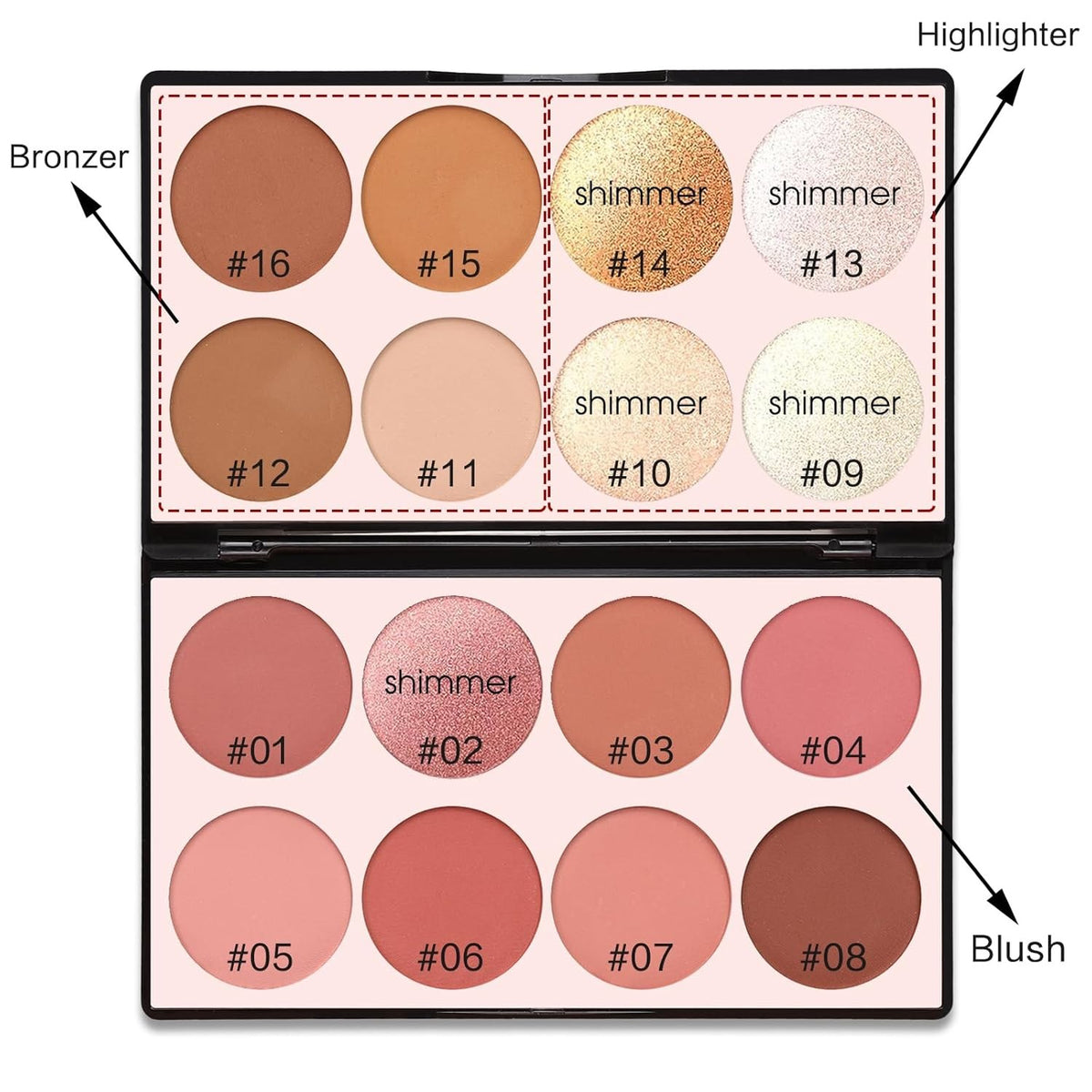 16-Color Contour Palette with Blush, Highlighter & Bronzer for Makeup