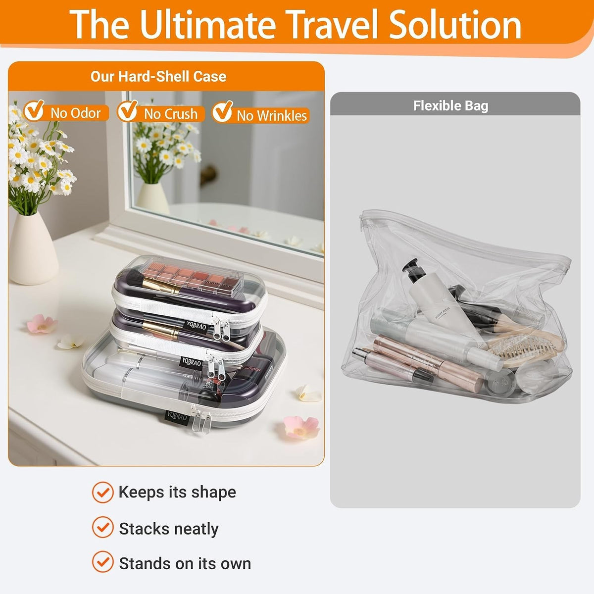 Clear Hard Shell Travel Organizer Cases Set - Makeup, Tech & Accessories Storage