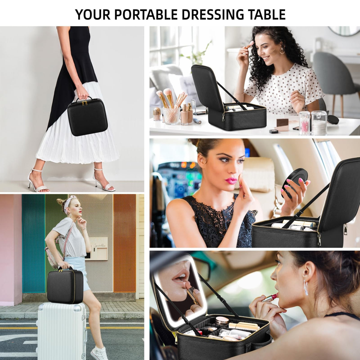Travel Makeup Bag with Illuminated Mirror and Adjustable Compartments