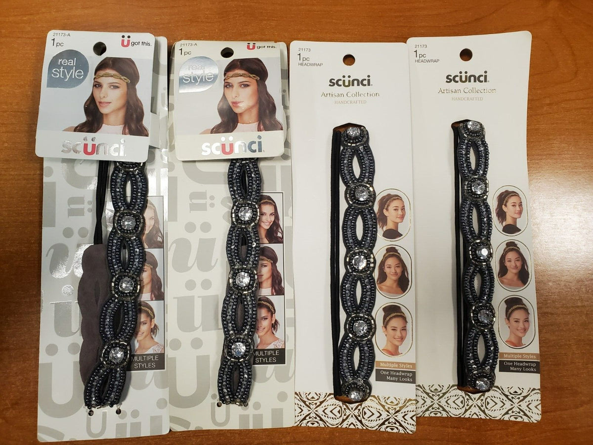 4 Pack: Scunci Skinny Elegant Grey/Silver Embellished Headwrap (1473-
