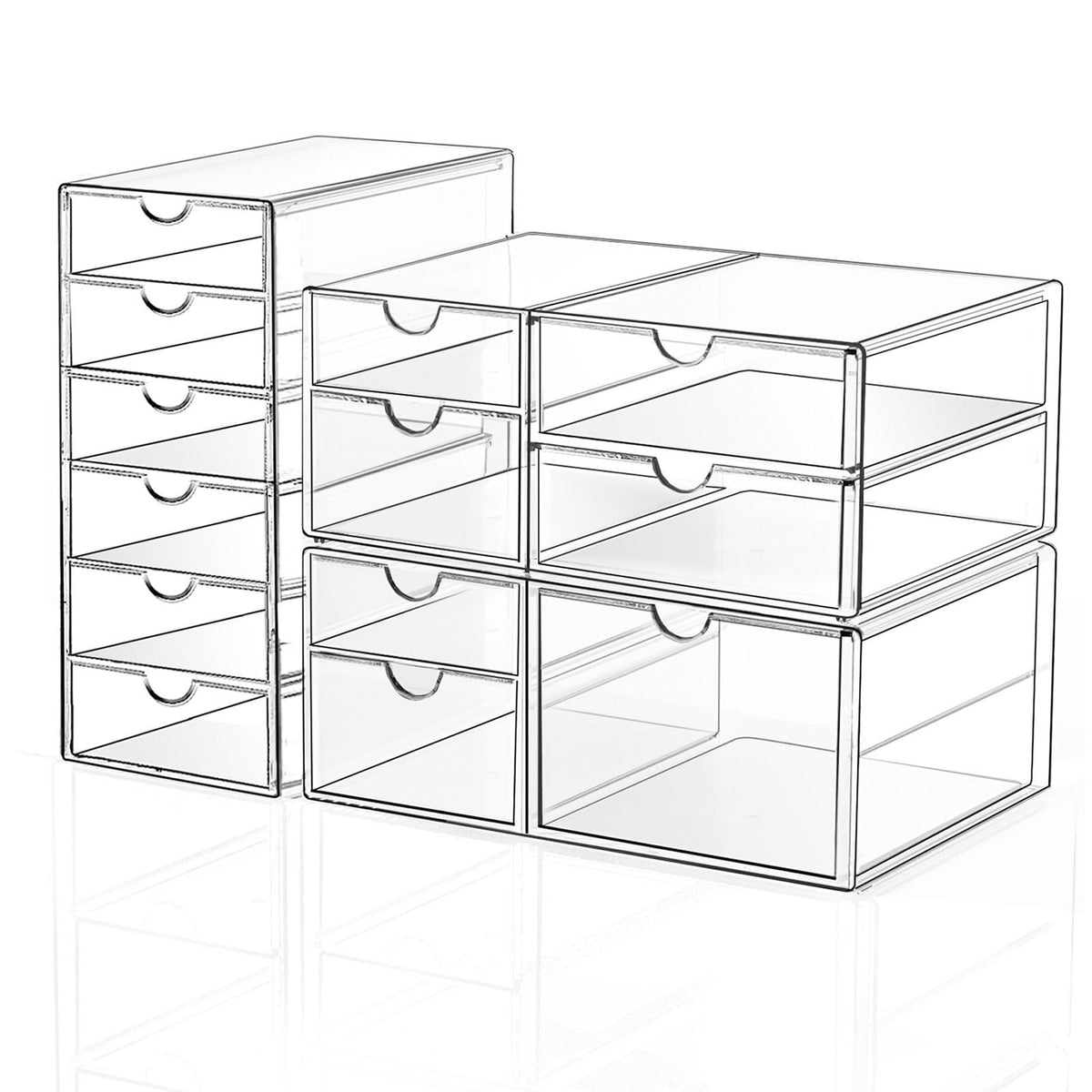 Acrylic 13-Drawer Makeup Organizer Set - 3 Pack Desk & Vanity Storage