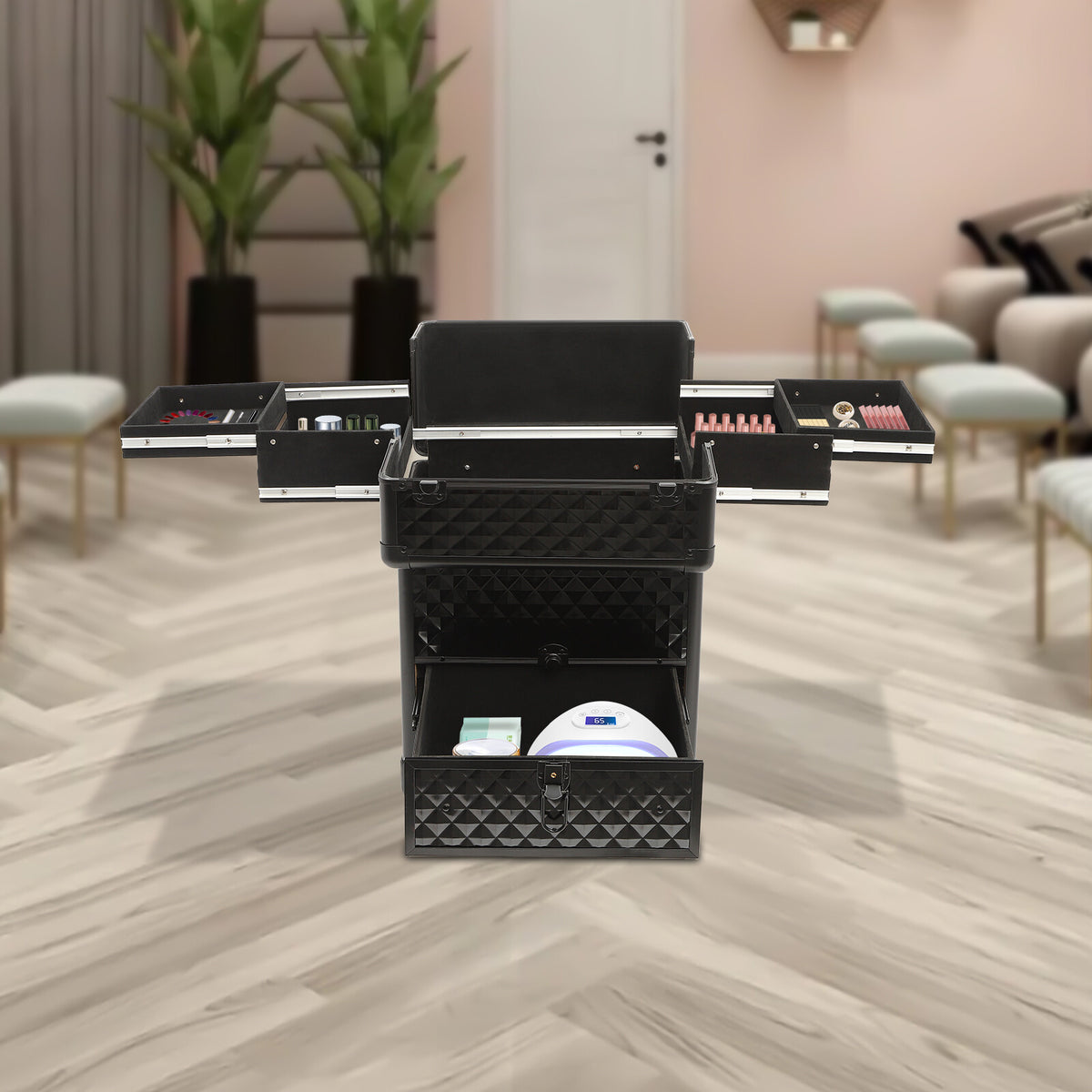 Rolling Makeup & Nail Desk Station with 7 Compartments - Black