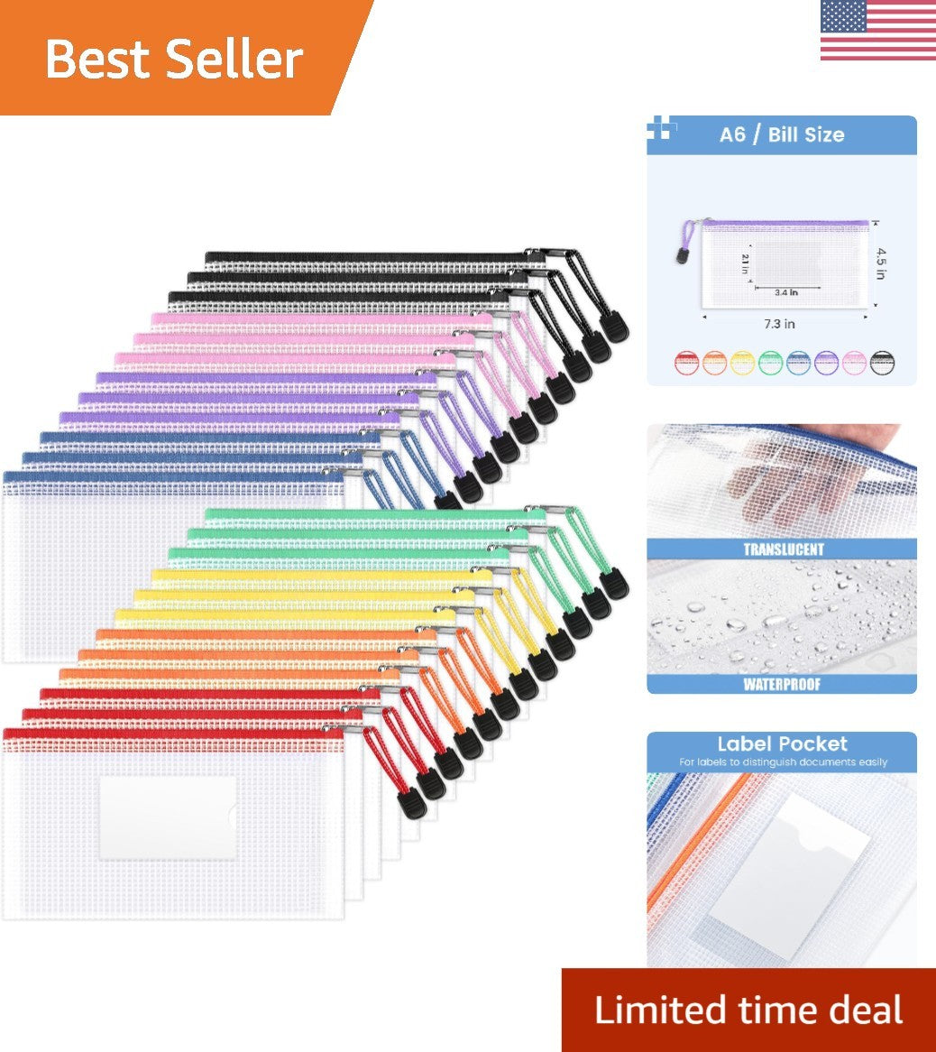 Clear Mesh Pouch Bags 24-Pack with Label Pocket for Travel & Classroom Organization
