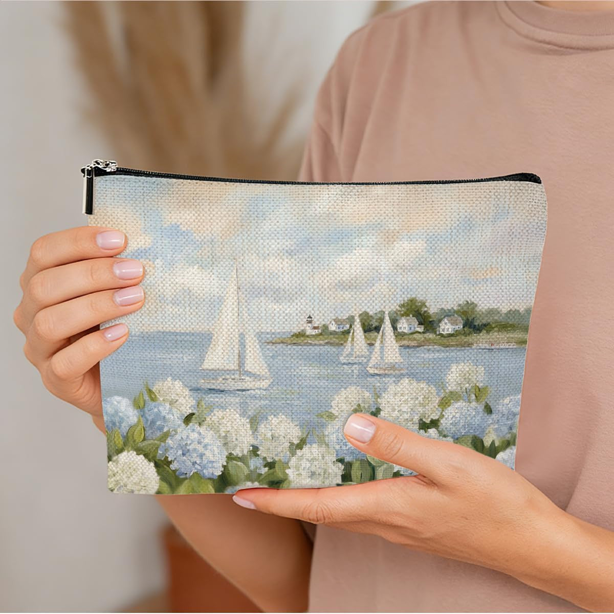 Watercolor Hydrangea Makeup Bag - Coastal Sailboat Floral Cosmetic Organizer