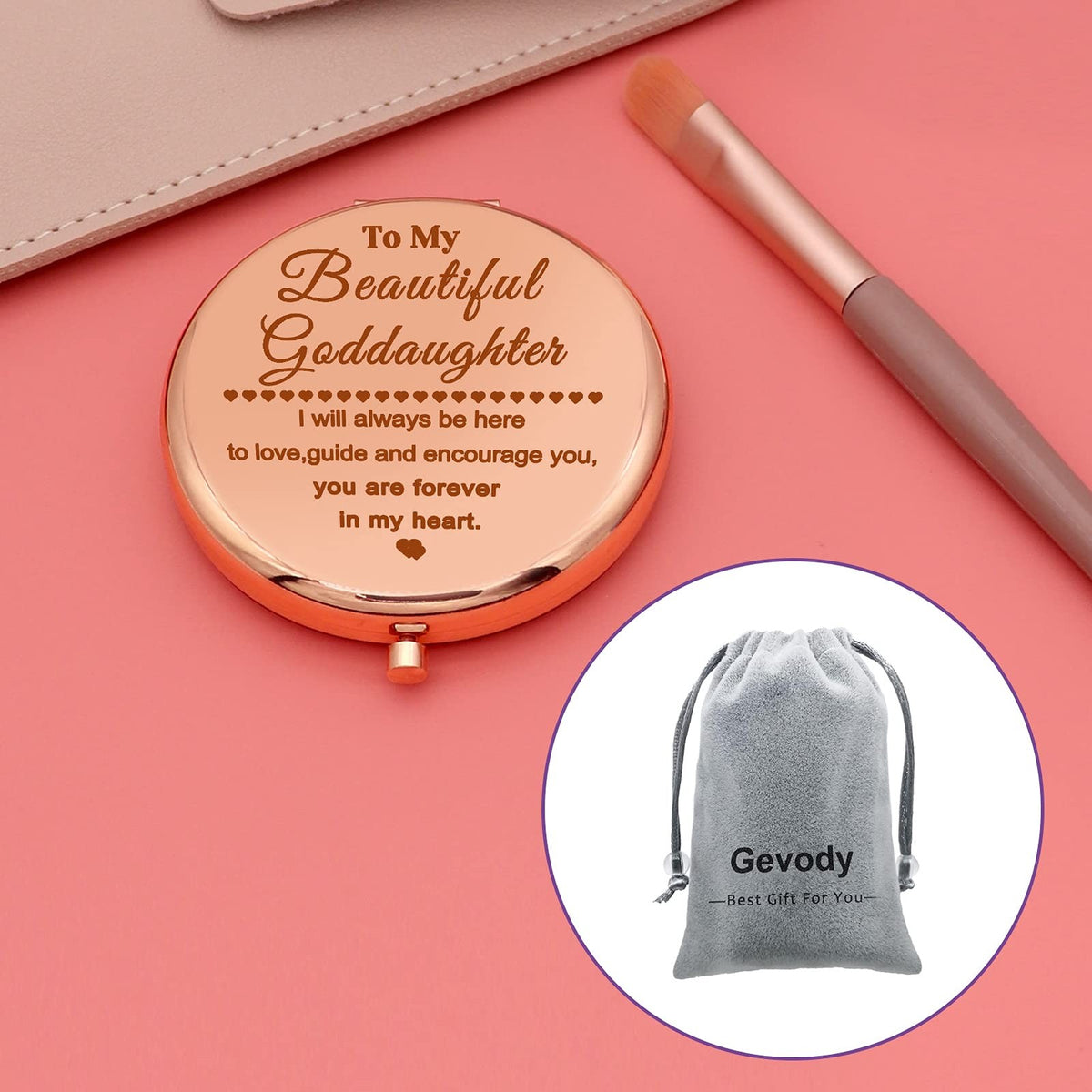 Personal Compact Makeup Mirror with Inspirational Goddaughter Message - Rose Gold, 2.6 Inch