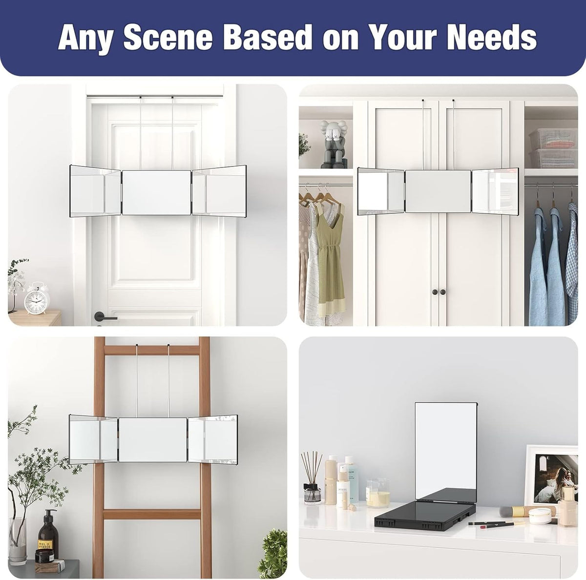 3-Way Full Body Mirror with 360° View, Adjustable Height for Haircut & Makeup