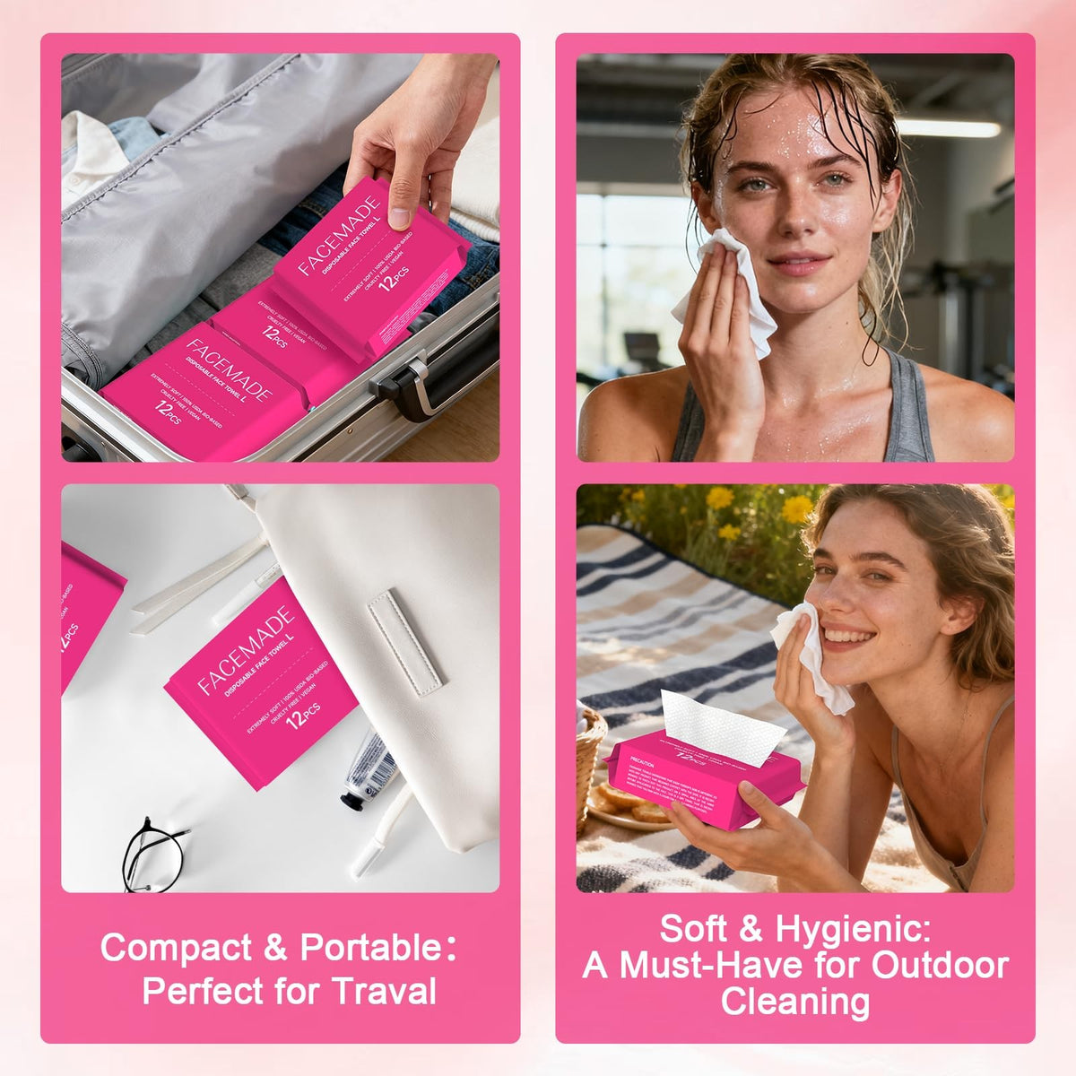 Disposable Travel Face Towels - 48 Count, Soft & Absorbent, 3-in-1 Size, Biobased, Perfect for Skincare & Wipeouts