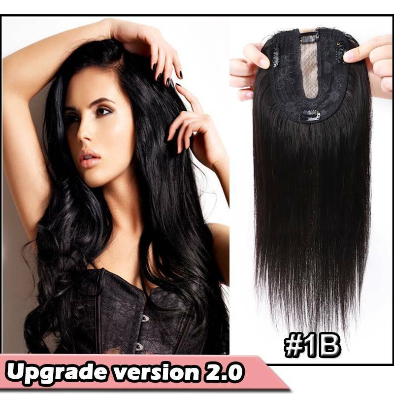 Human Hair Topper Clip-In Hairpiece with Silk Base - Brown, 6-12 Inches