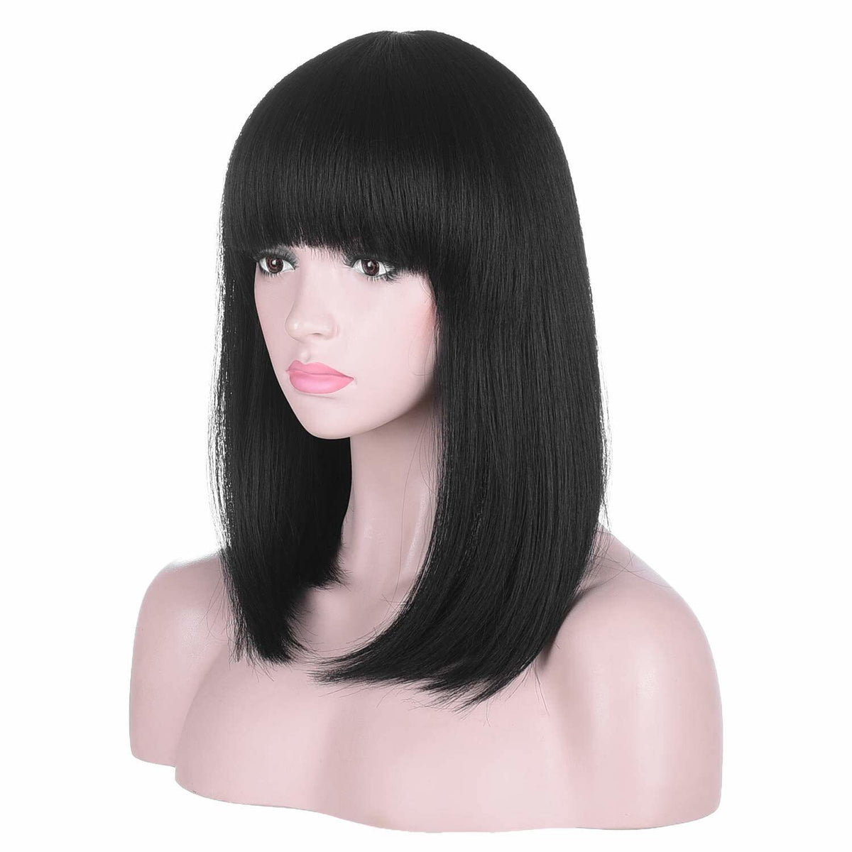 Black Bob Wigs with Bangs - Straight Blunt Cut Shoulder Length Short Wig for Women