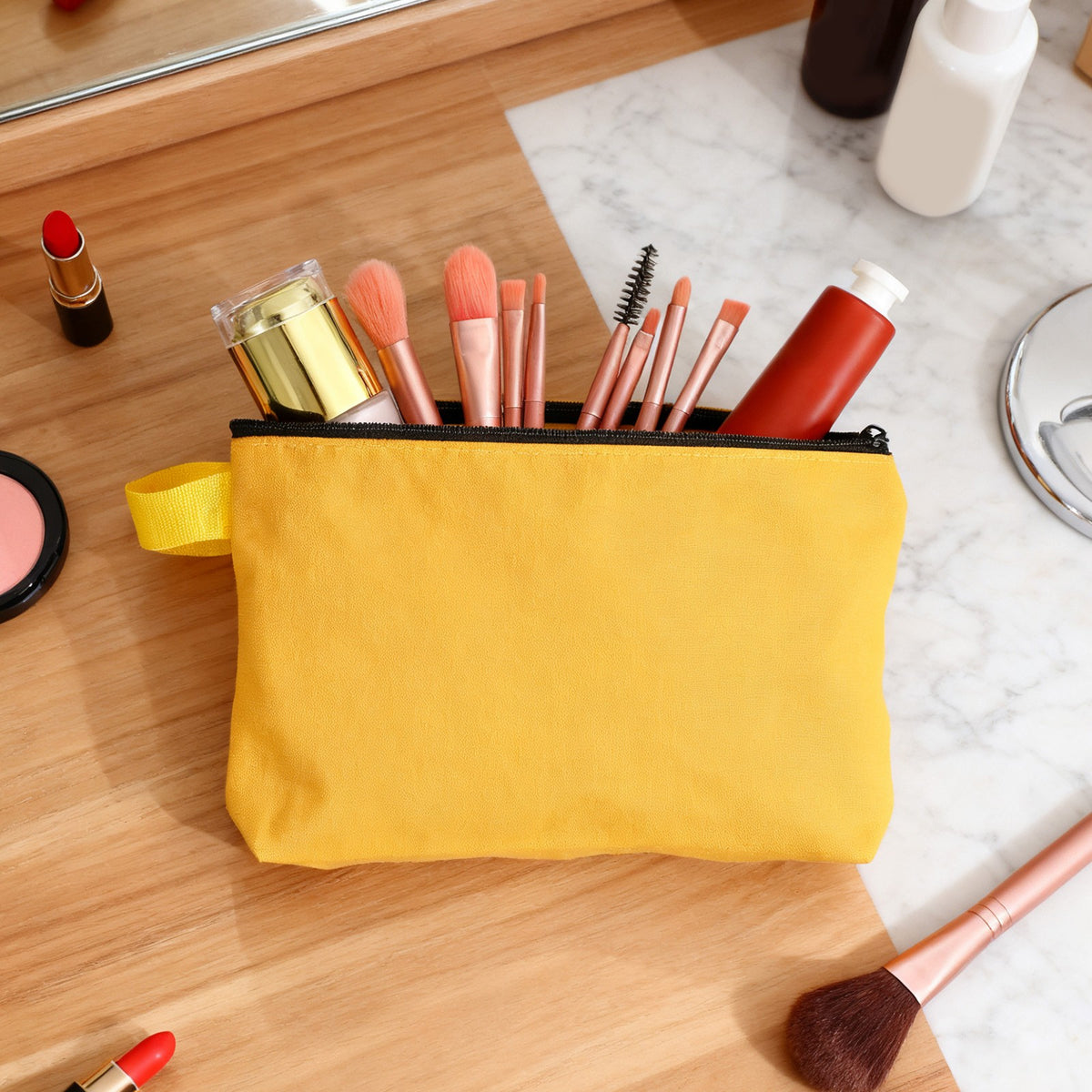 Cotton Canvas Makeup Bag Set - 8 Pcs Rose Red Travel & Organizer Bags