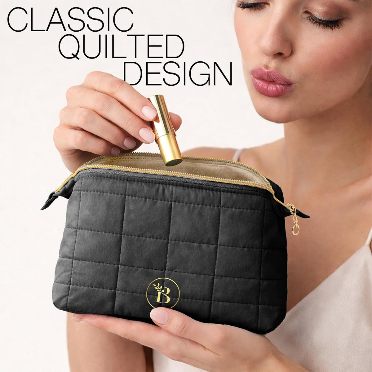 Quilted Black Makeup Bag | Travel Toiletry Organizer with Wide-Open Top