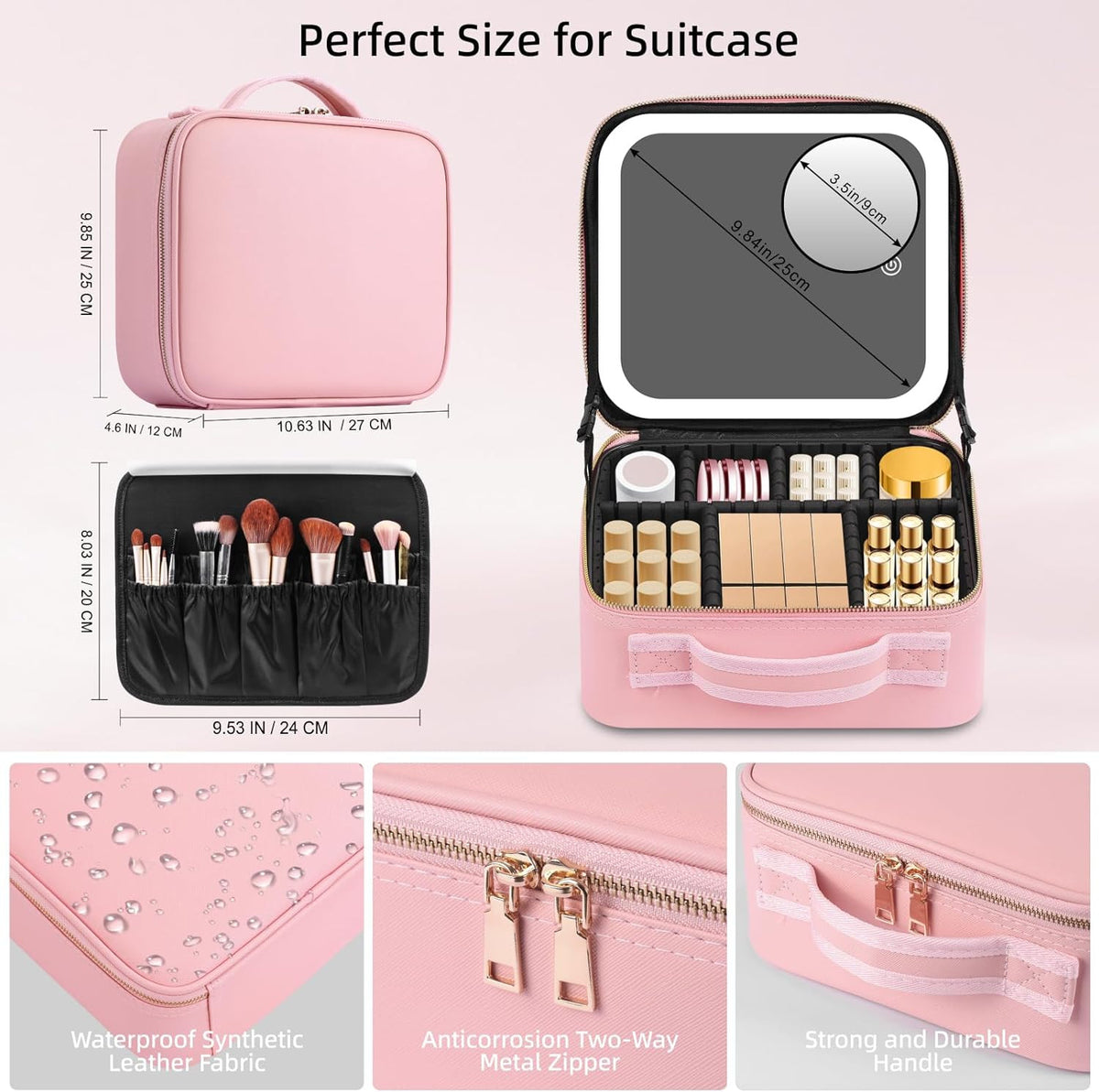 LED Lighted Makeup Organizer Bag with Illuminated Mirror Portable Travel Cosmetic Case