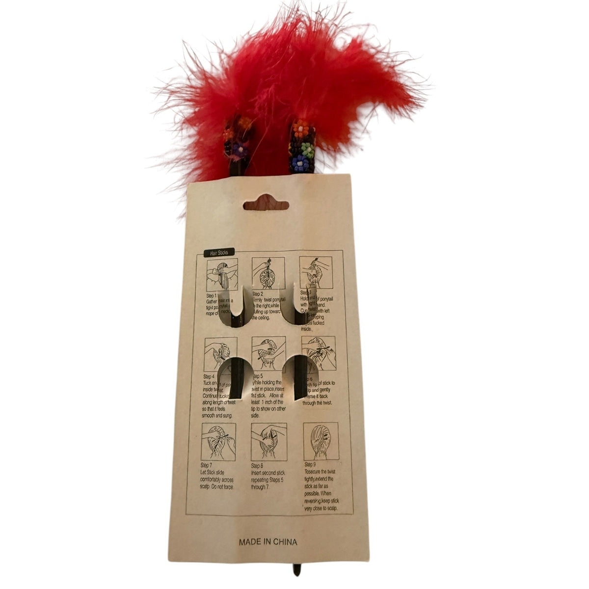 Red/Pink Feather Beaded Black Chopstick Hair Sticks Set