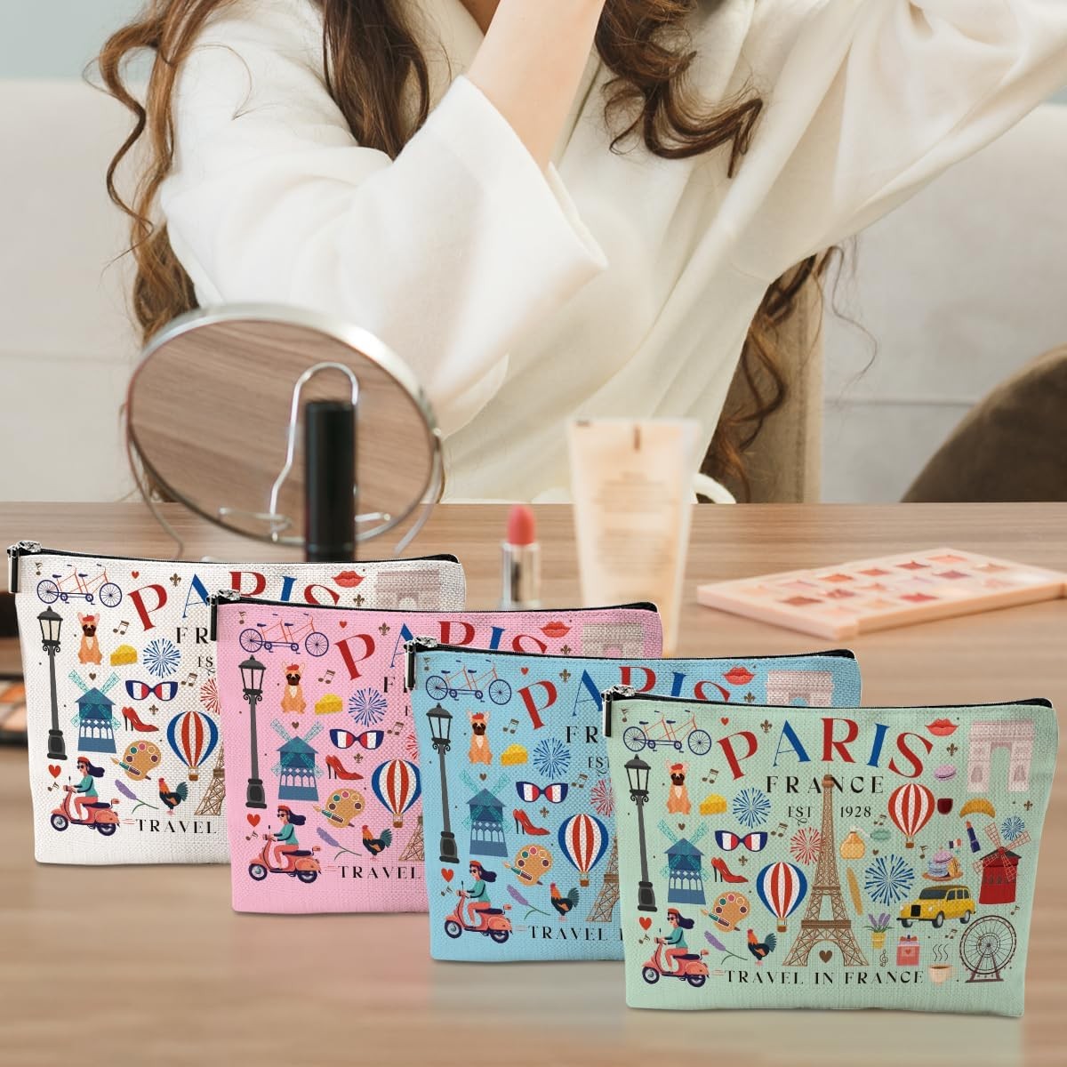 4 Pack Travel Makeup Bags for Women - Paris Lover Gift Set