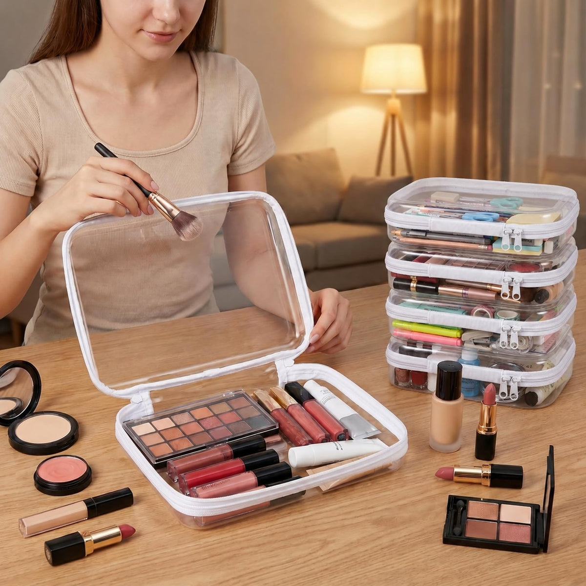 4 Pack Clear Hard Shell Zipper Cosmetic & Travel Organizer Bags 9.8x7.9 Inch