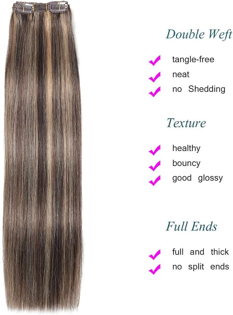 Remy Human Hair Extensions Clip-In Set – Medium Brown Mix Dark Blonde 26 Inch, 8 Pieces, Shedding-Free, Natural Look