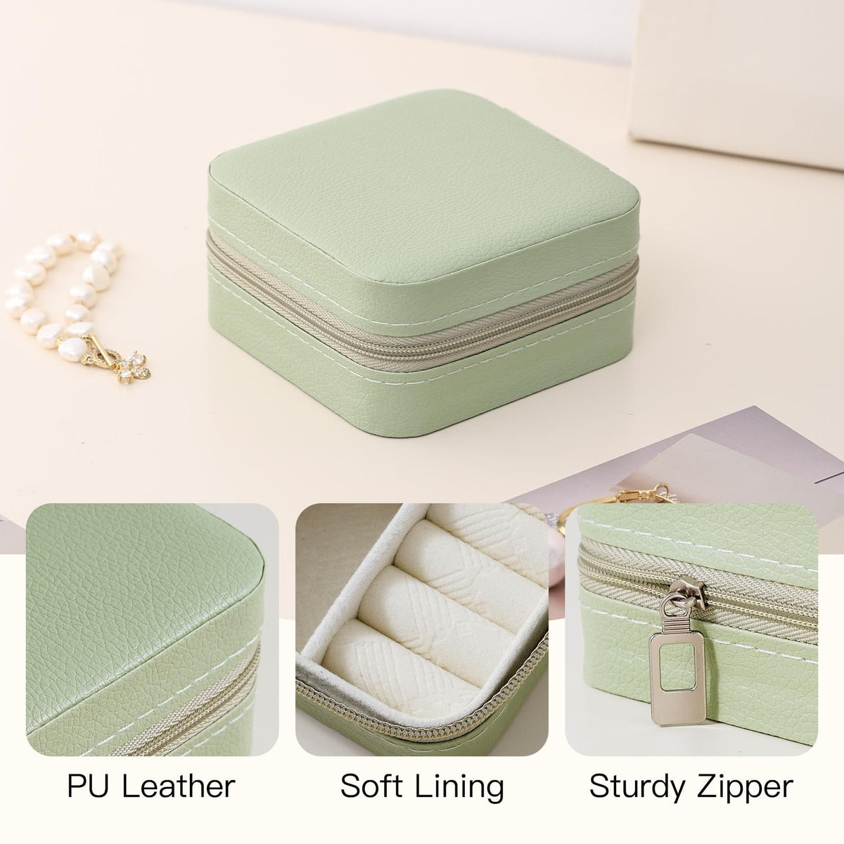 Travel Jewelry Case - Small Leather Organizer with Necklace Hooks & Ring Grooves, Green