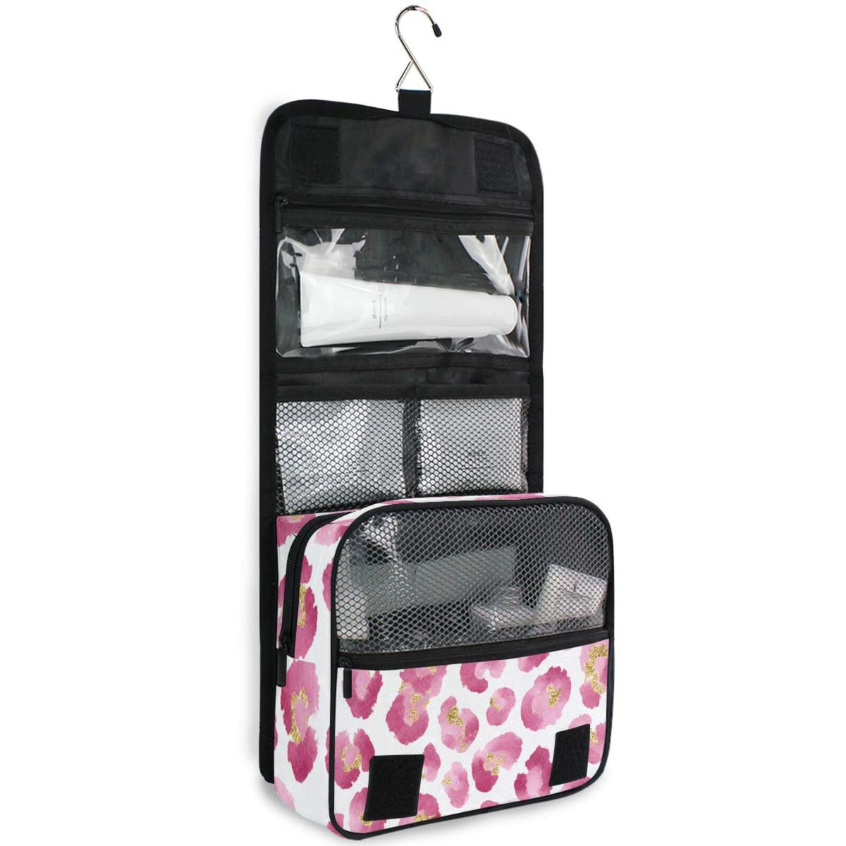 Pink Leopard Hanging Toiletry Makeup Bag - Travel Organizer with Water-Resistant Nylon