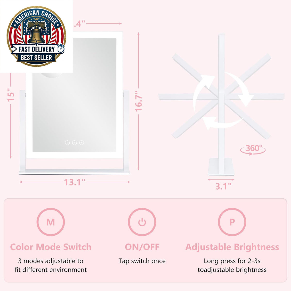 Lighted Vanity Mirror with 3 Color LED Lights, 16.7 x 13.2 Inch, 360° Rotation, Touch Control