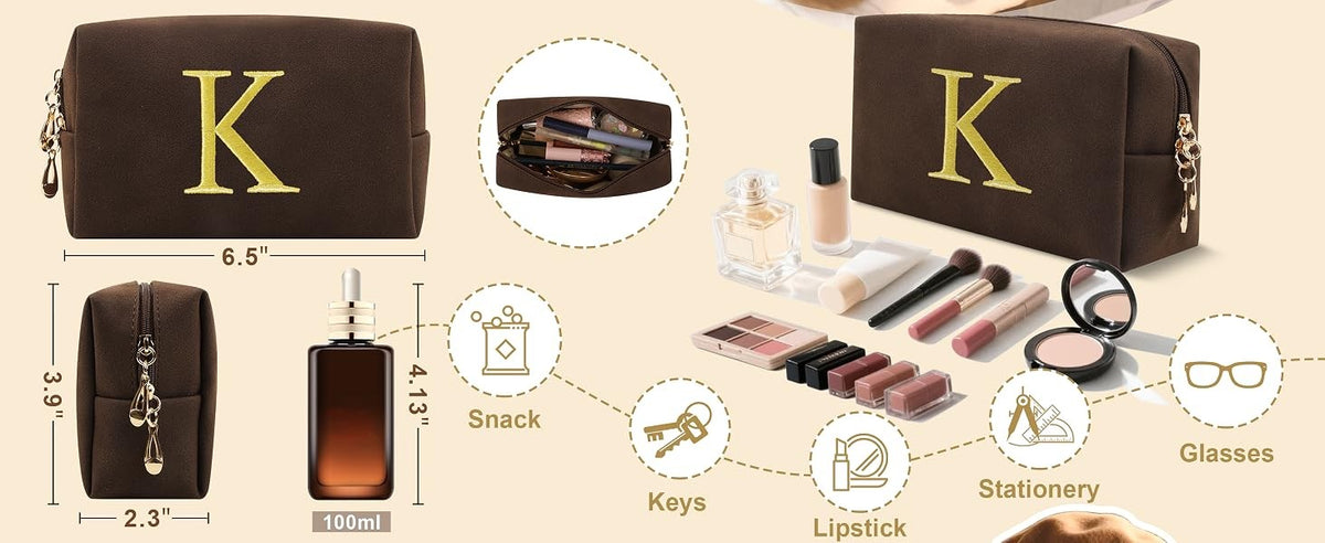 Personalized Initial Makeup Bag - Small Waterproof Cosmetic Travel Organizer