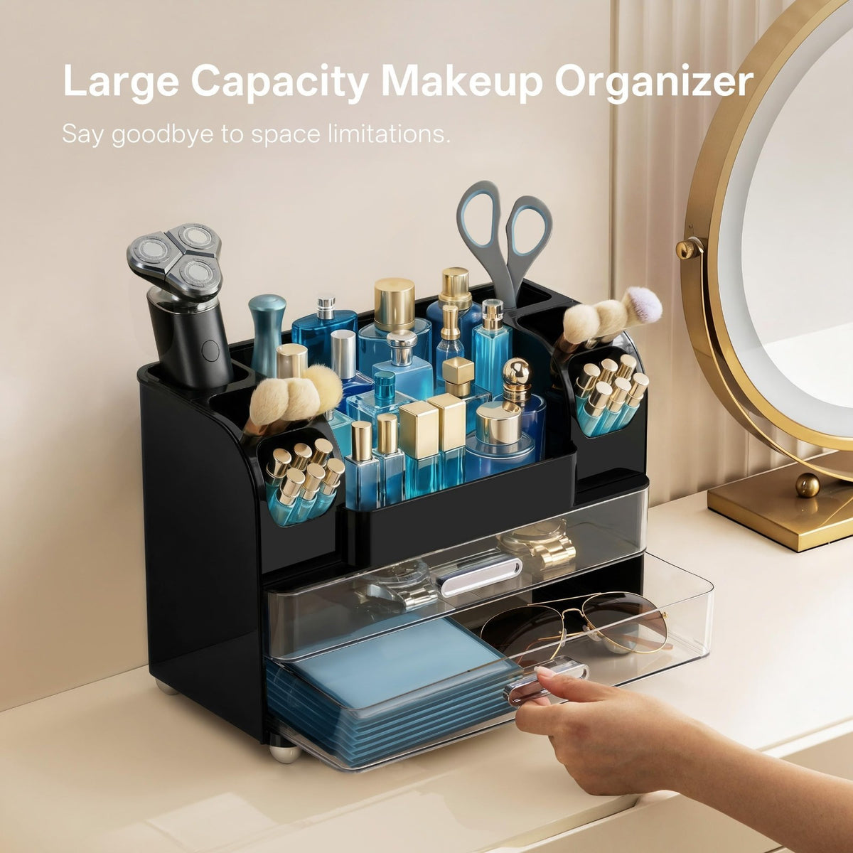 Makeup Organizer with Brush and Cosmetic Storage for Vanity and Bathroom