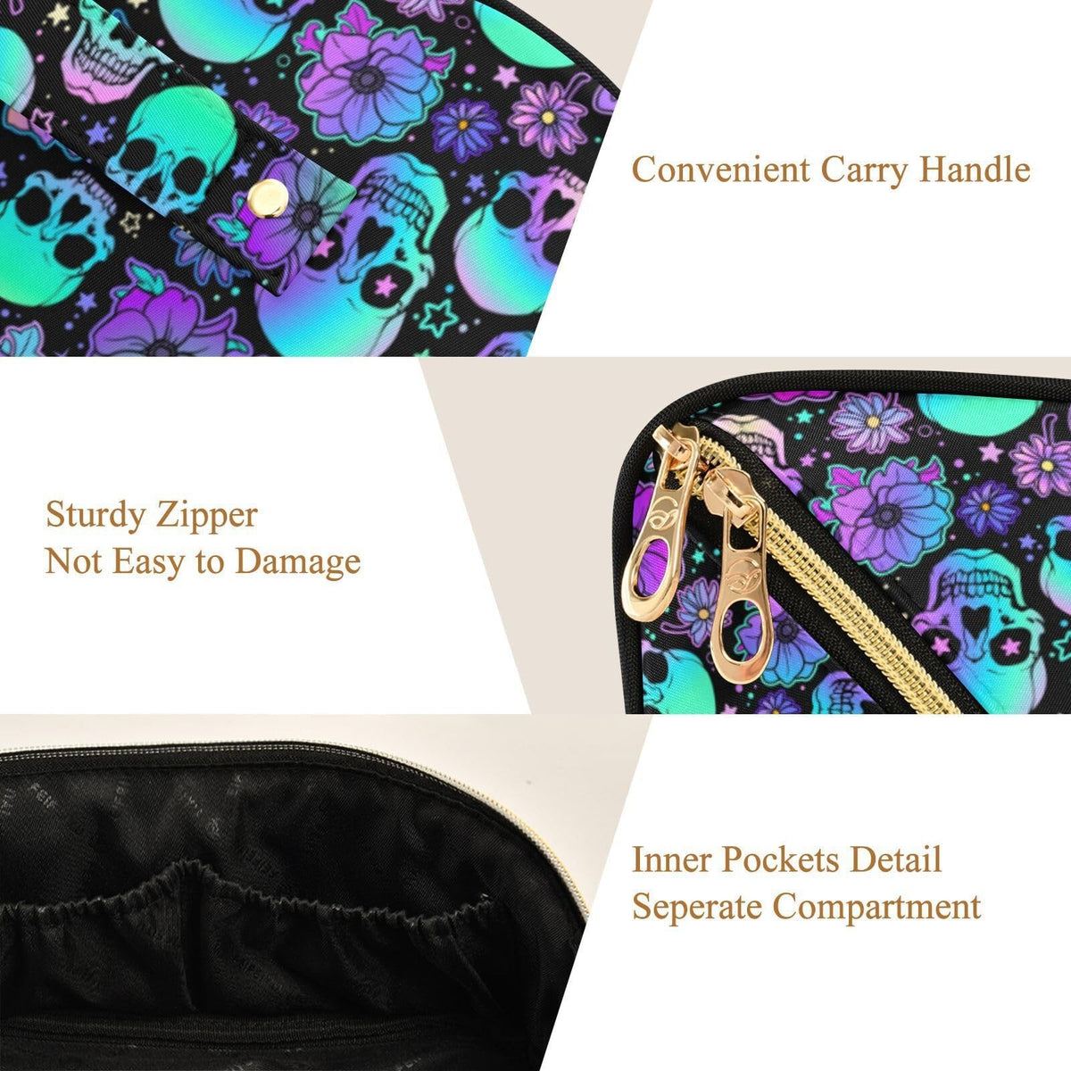 Large Capacity Travel Makeup Organizer Bag with Skulls Pattern