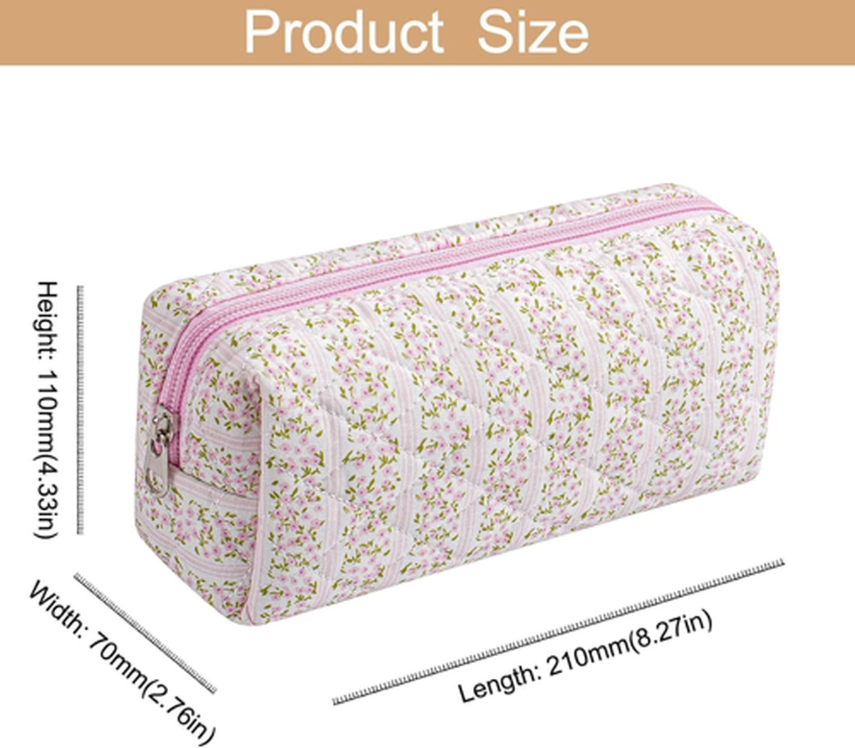 Pink Floral Cotton Makeup Bag with Brush Organizer Travel Case