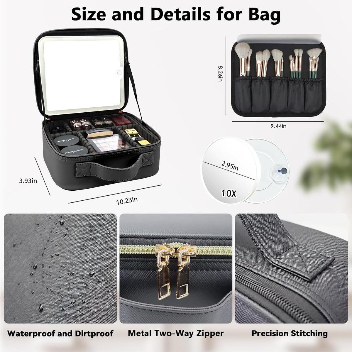 Travel Makeup Bag with LED Mirror and 10X Magnifying Glass - Portable Organizer