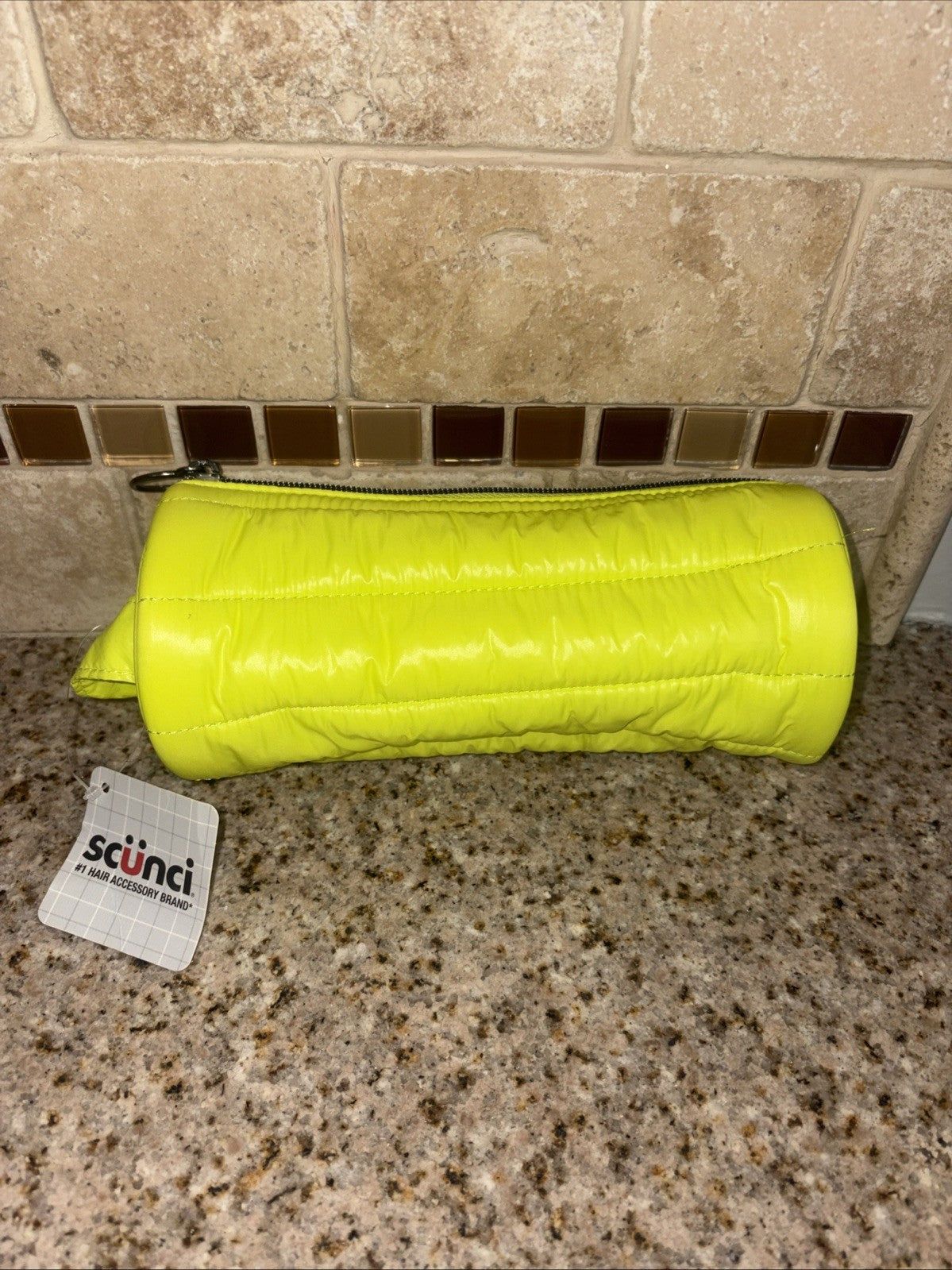 Neon Yellow Lime Quilted Makeup Bag - Travel & Gym Accessory, 8.5" x 3.75"