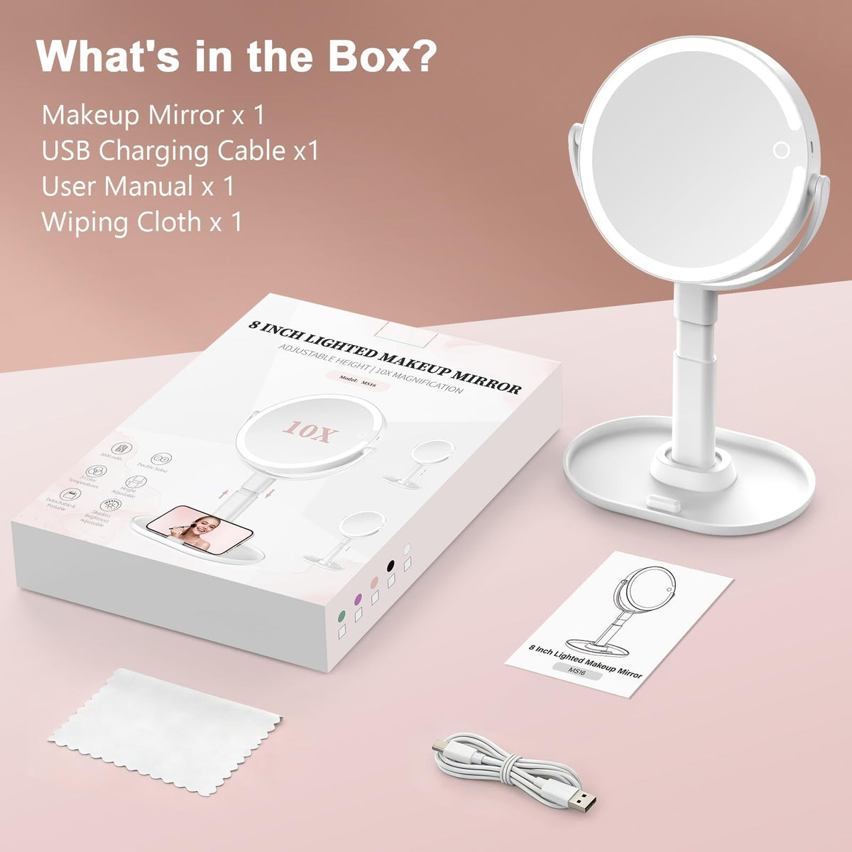 Rechargeable LED Lighted Makeup Mirror with 10X Magnification and Adjustable Height