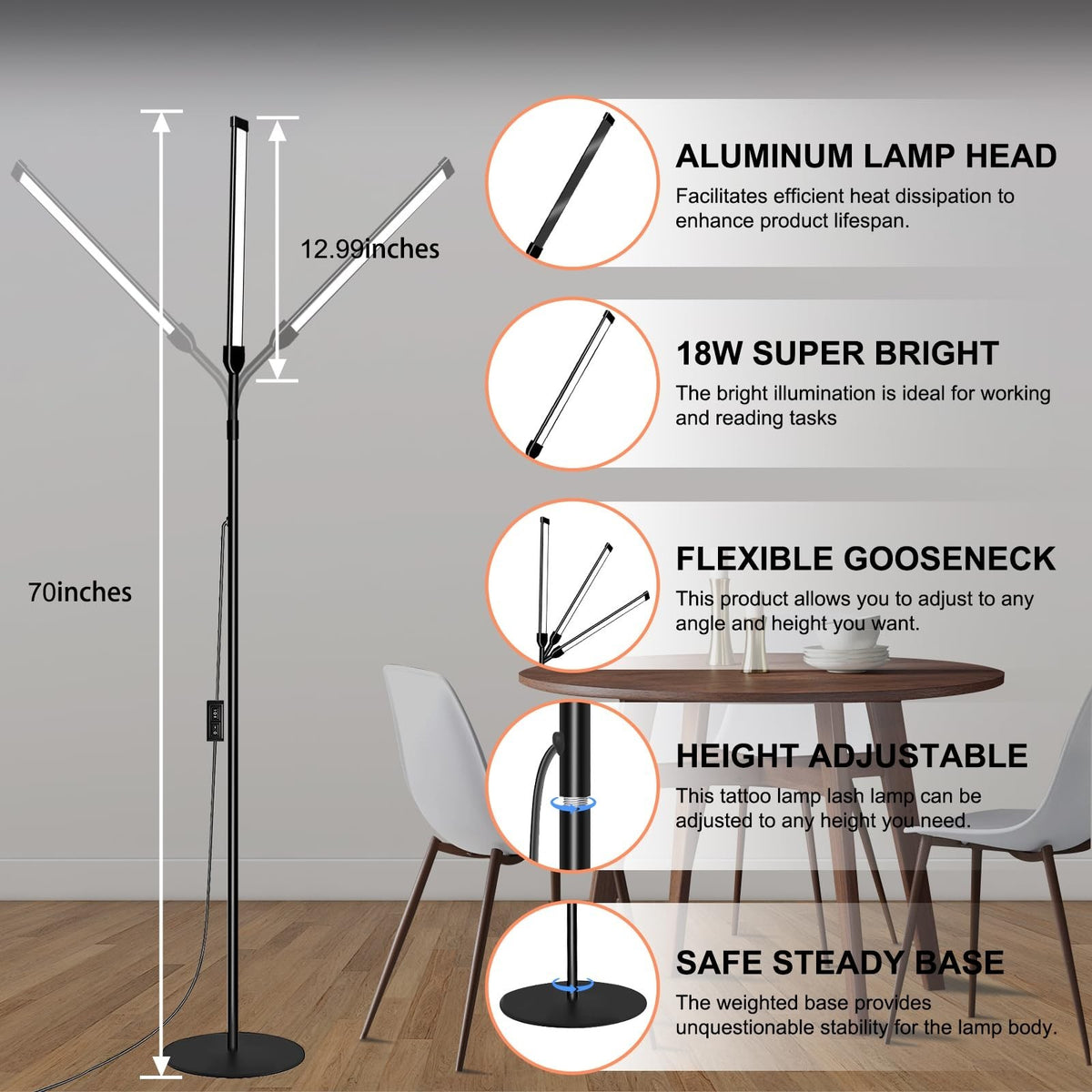 Dimmable LED Floor Lamp with Adjustable Color Temperature 3000K-6000K - Modern Bedroom & Living Room Light