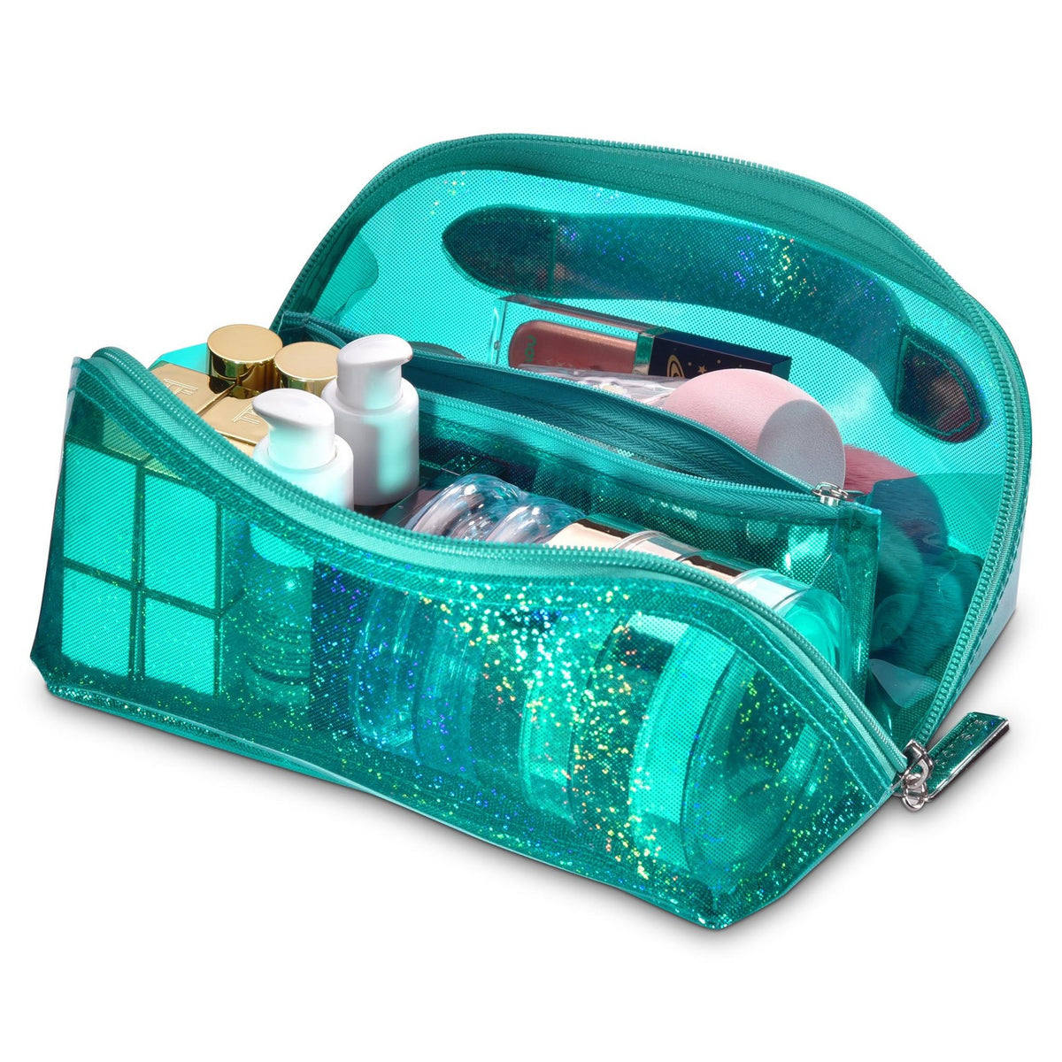 Portable Makeup Bag Waterproof PVC Travel Organizer with Wide Open Design - Green