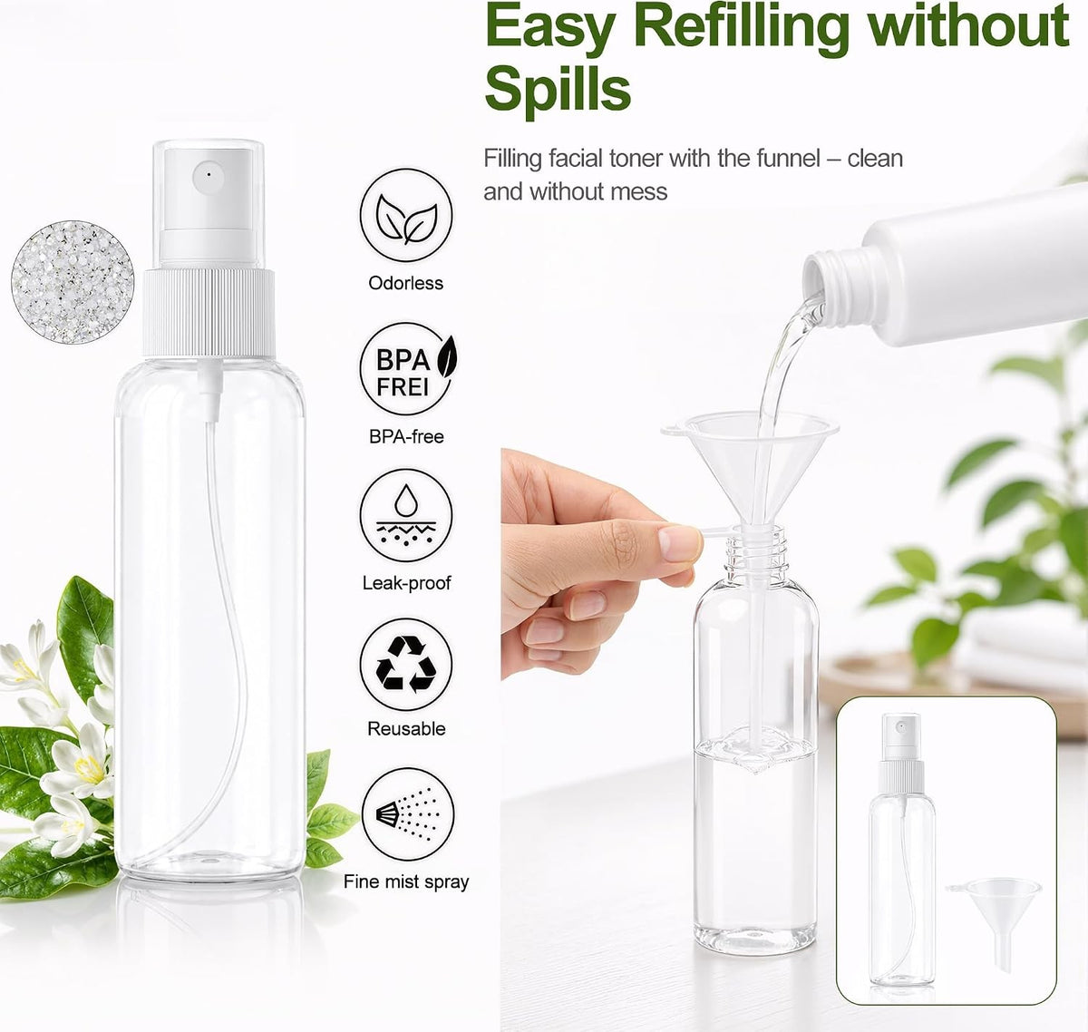 5-Pack 3.4oz Clear Plastic Spray Bottles with Fine Mist Nozzles and Labels
